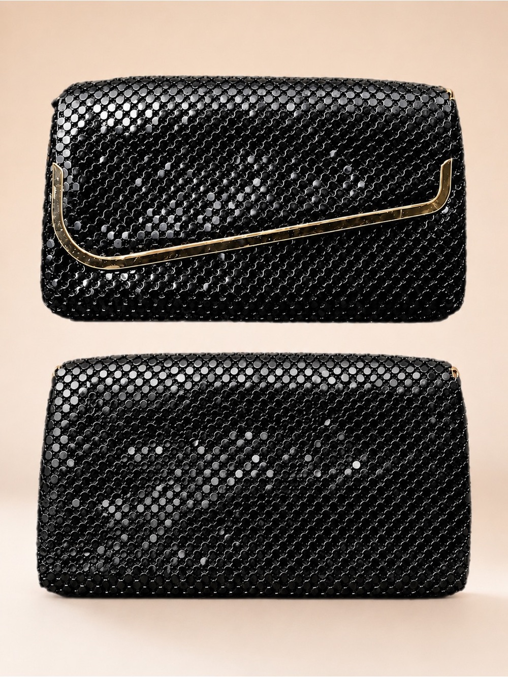 VTG Black Metal Sequin Mesh Clutch w Metallic Flap Trim & Removable Mesh Strap - Picture 2 of 16